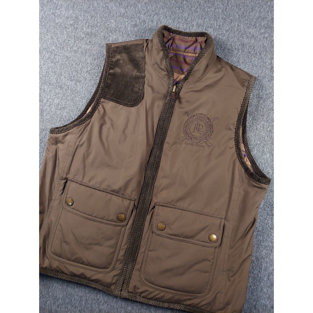 Lauren Ralph Lauren Reversible Vest Mens Large Brown Plaid Shooting Pad Quilted